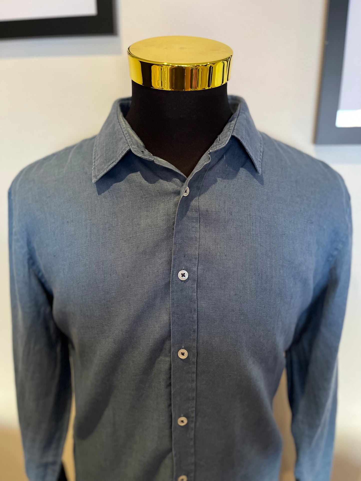 Boss Hugo Boss 100% Cotton Linen Blue Shirt Size Large Slim Fit
