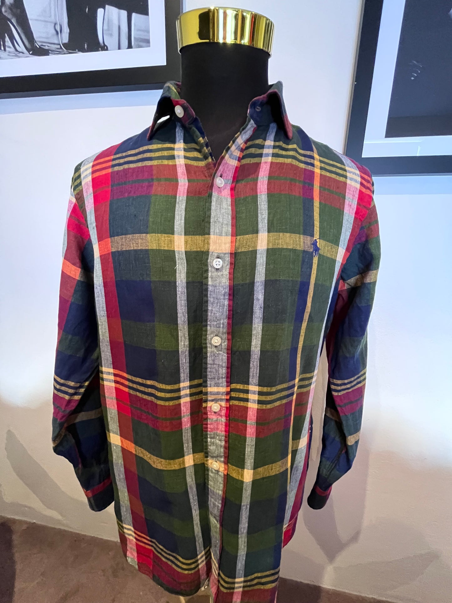 Ralph Lauren 100% Cotton Linen Check Shirt Size Large Custom Fit