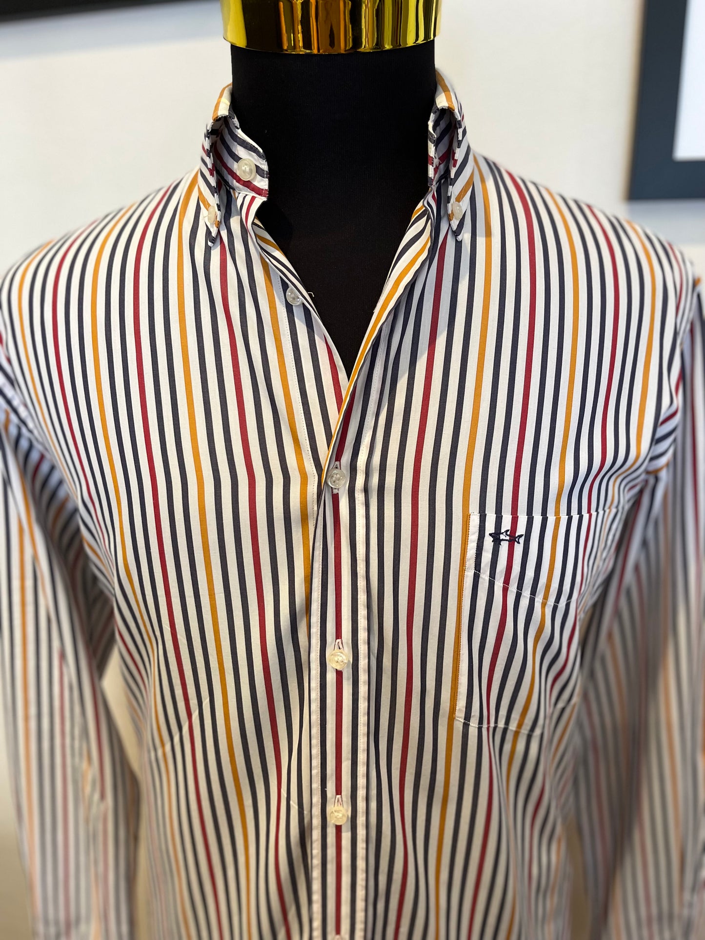 Paul & Shark 100% Cotton Yellow Blue Stripe Shirt Size 39 M to L Classic Fit Button Down Collar