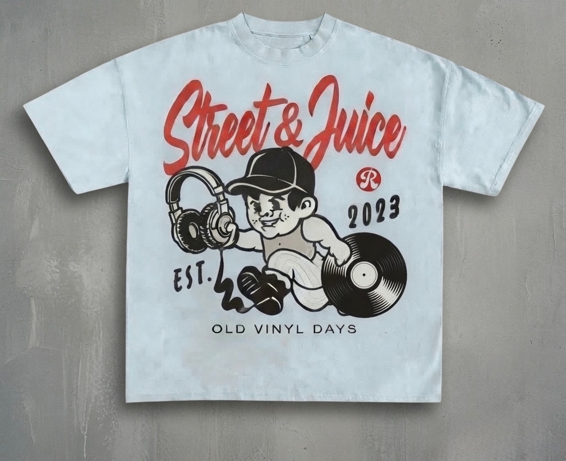 Street & Juice ‘Old Vinyl Days’ 100% Cotton Pastel Blue Graphic Tee