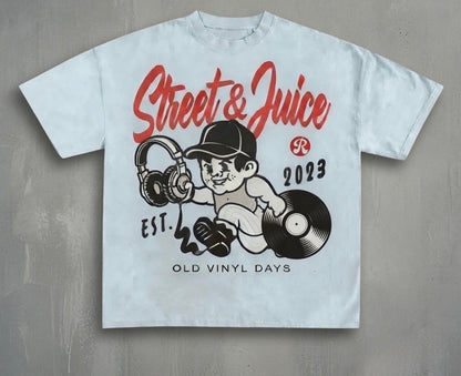 Street & Juice ‘Old Vinyl Days’ 100% Cotton Pastel Blue Graphic Tee