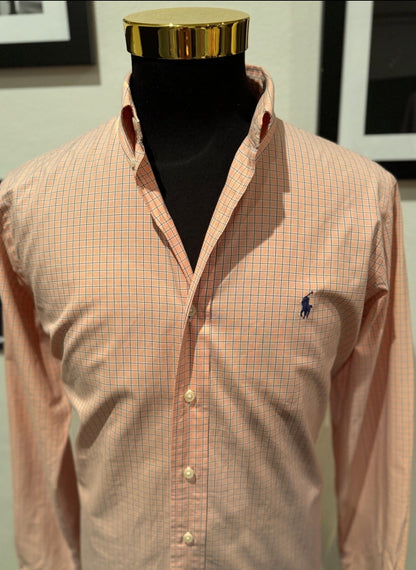 Ralph Lauren 100% Cotton Salmon Pink Check Shirt Size Large Custom Fit