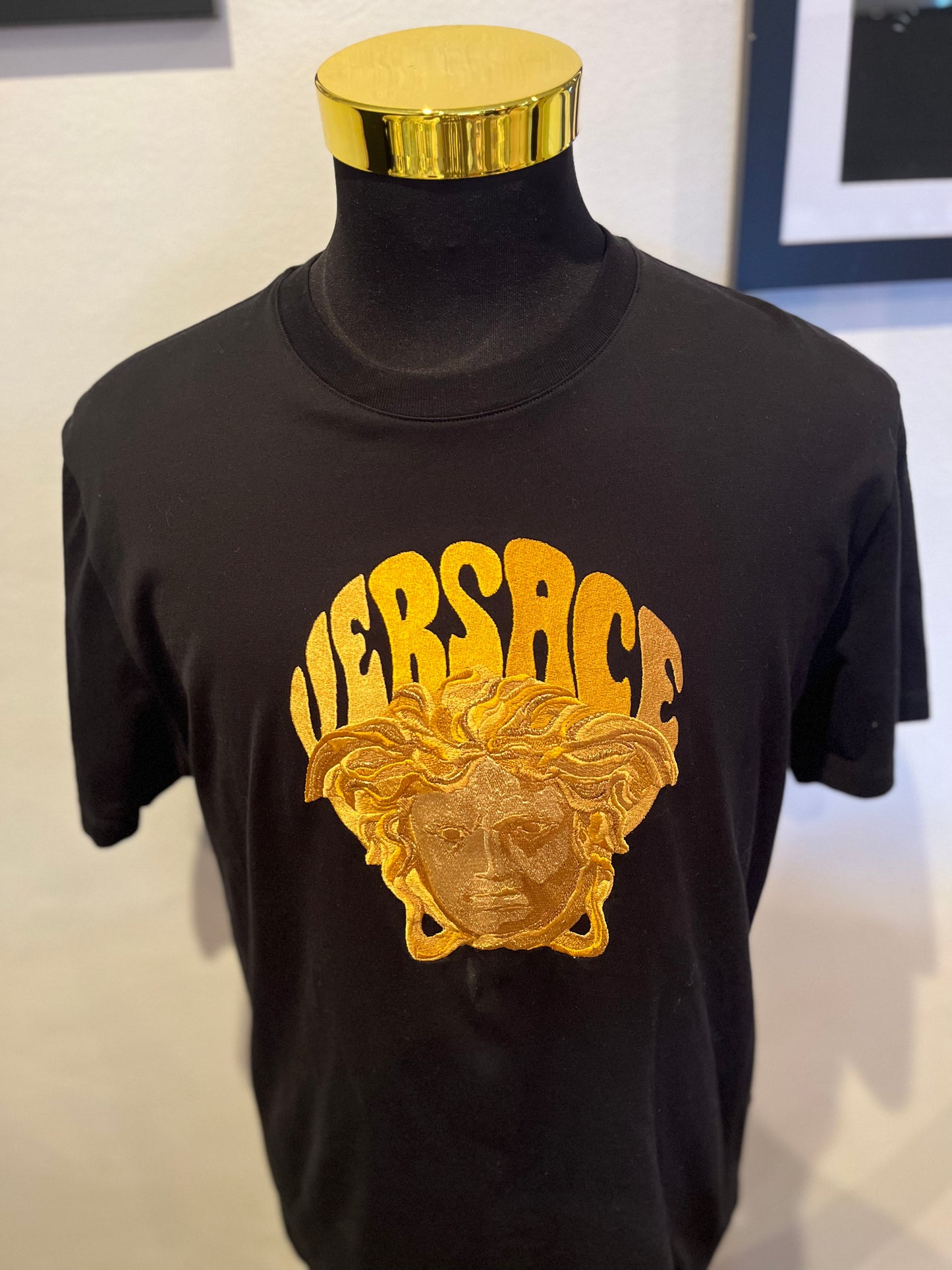 Versace 100% Cotton Black Tee Gold Embroidered Logo Size XL Made in Italy
