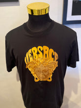 Load image into Gallery viewer, Versace 100% Cotton Black Tee Gold Embroidered Logo Size XL Made in Italy