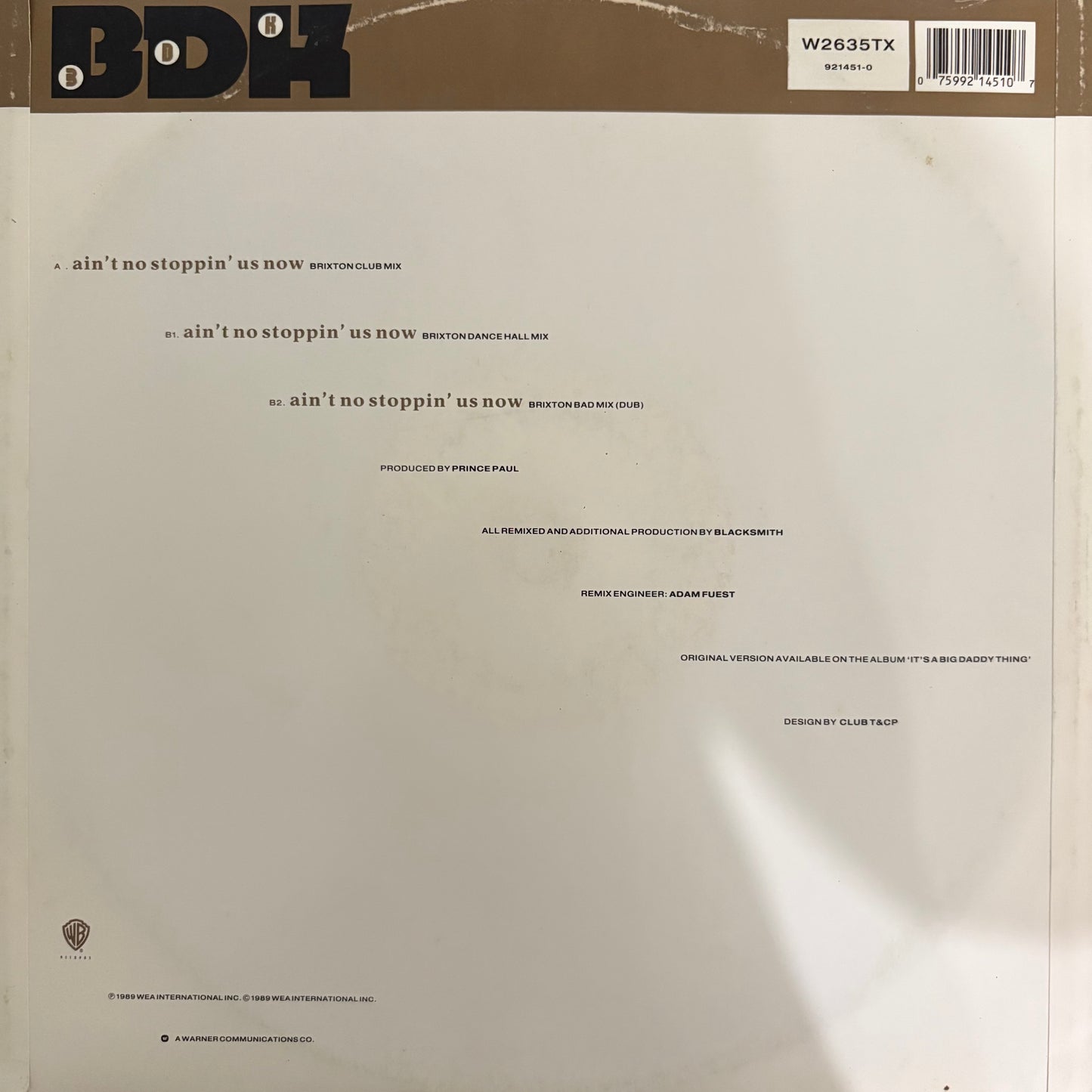 Big Daddy Kane “Ain’t No Stoppin’ us Now” 3 Version 12inch vinyl record