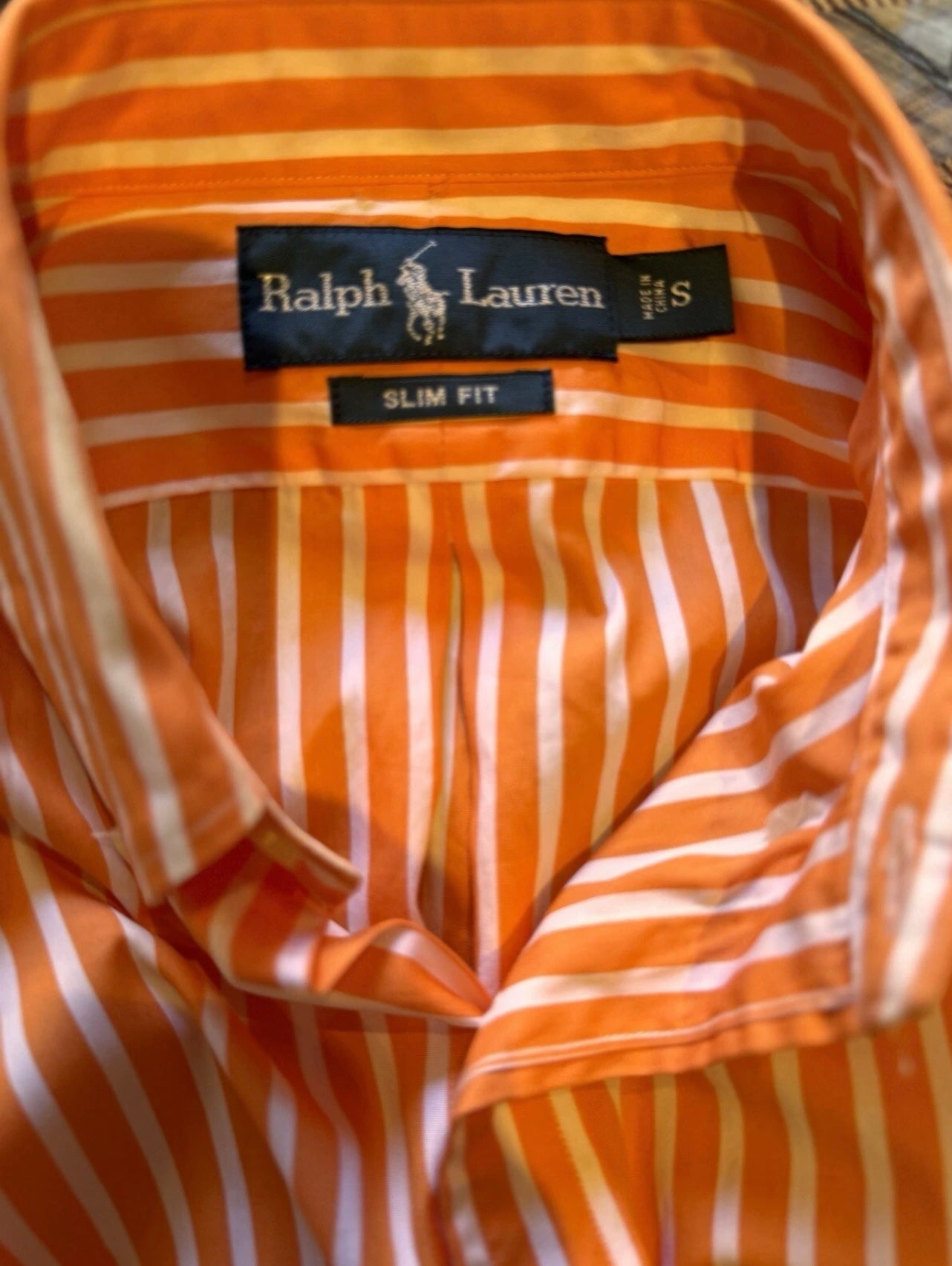 Ralph Lauren 100% Cotton Orange White Striped Shirt Slim Fit Size Small