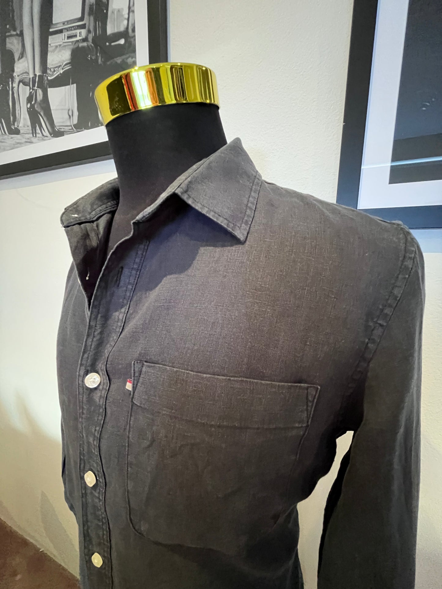 The Academy Brand 100% Linen Cotton Black Shirt Size Medium Slim Fit