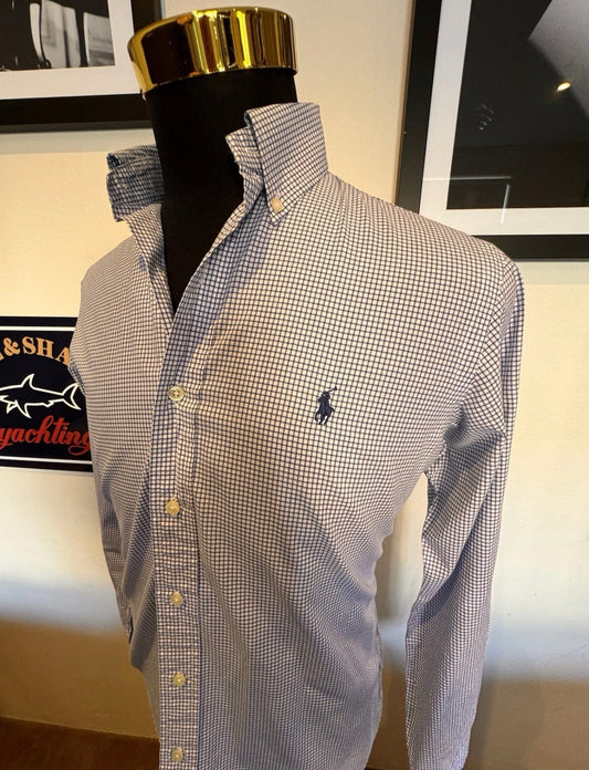 Ralph Lauren 100% Cotton Stretch Blue White Check Shirt Slim Fit Size Small