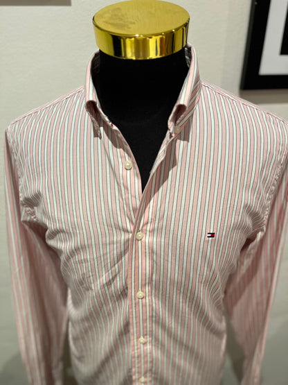 Tommy Hilfiger Regular Fit 100% Cotton Pink White Stripe Shirt Size Large