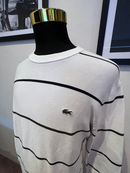 Lacoste 100% Cotton White Green Stripe Sweater Size XXL fits XL to XXL