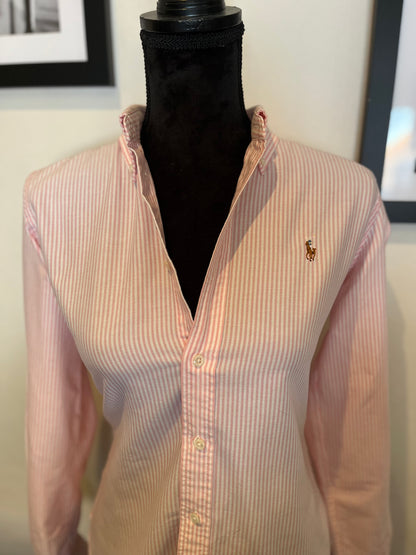 Ralph Lauren Women’s 100% Cotton Pink White Stripe Shirt Slim Fit Size 8