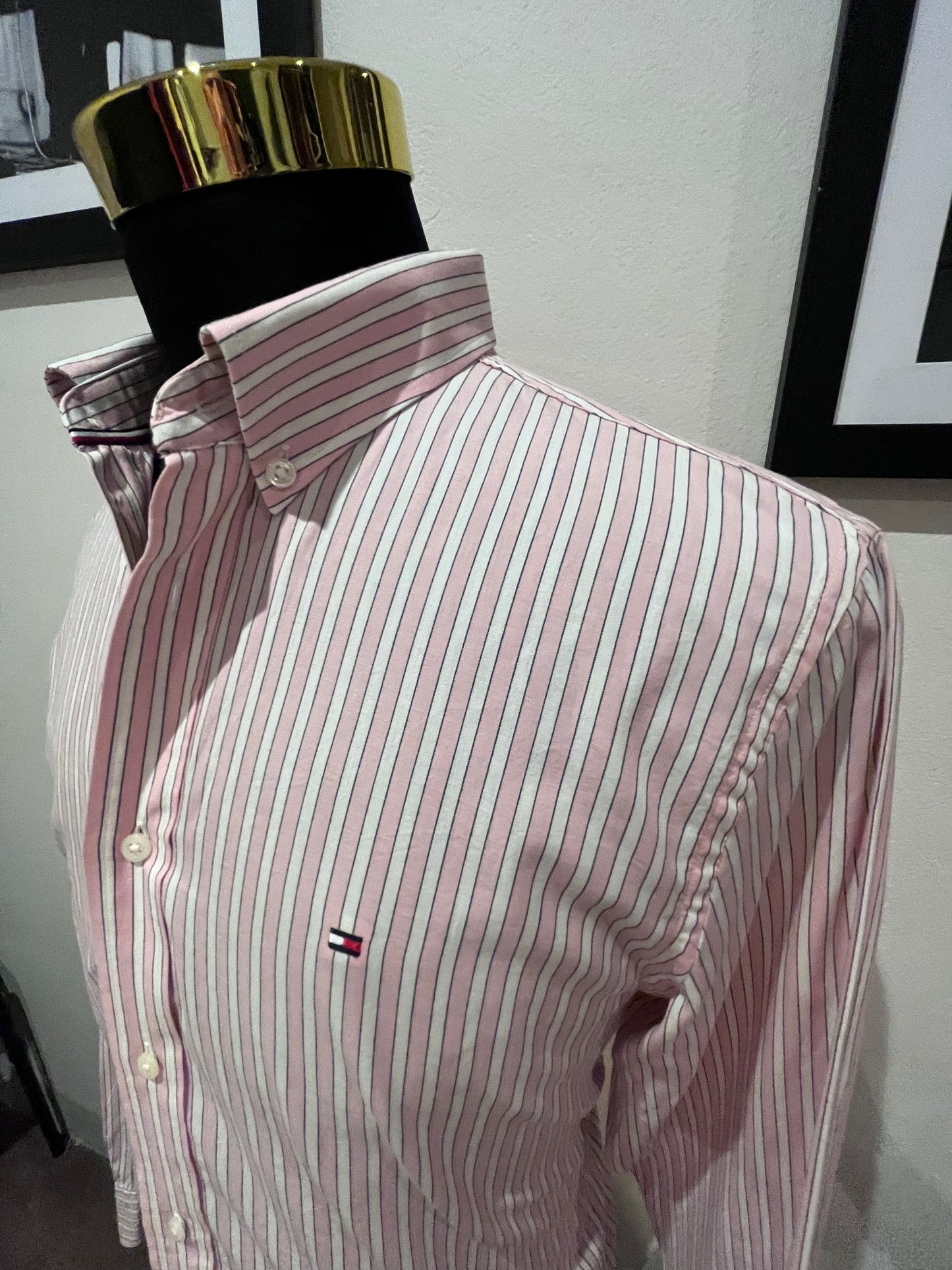 Tommy Hilfiger Regular Fit 100% Cotton Pink White Stripe Shirt Size Large