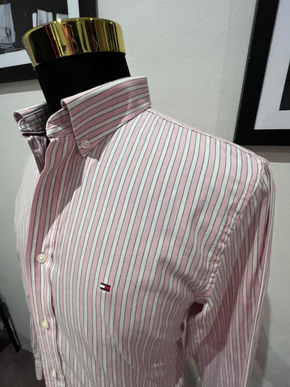 Tommy Hilfiger Regular Fit 100% Cotton Pink White Stripe Shirt Size Large