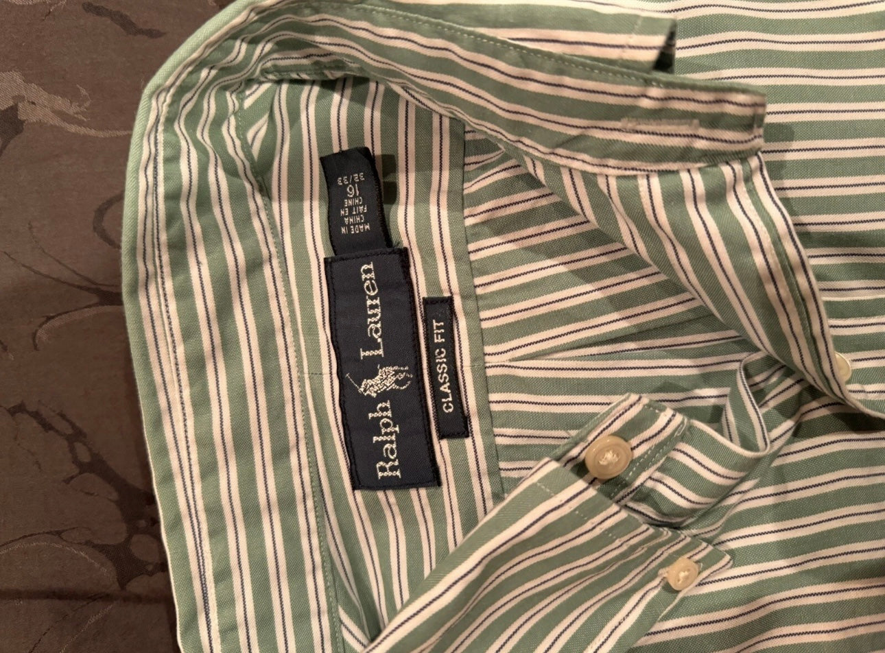 Ralph Lauren 100% Cotton Green White Stripe Shirt Size 16 Large Button Down