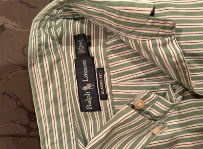Ralph Lauren 100% Cotton Green White Stripe Shirt Size 16 Large Button Down