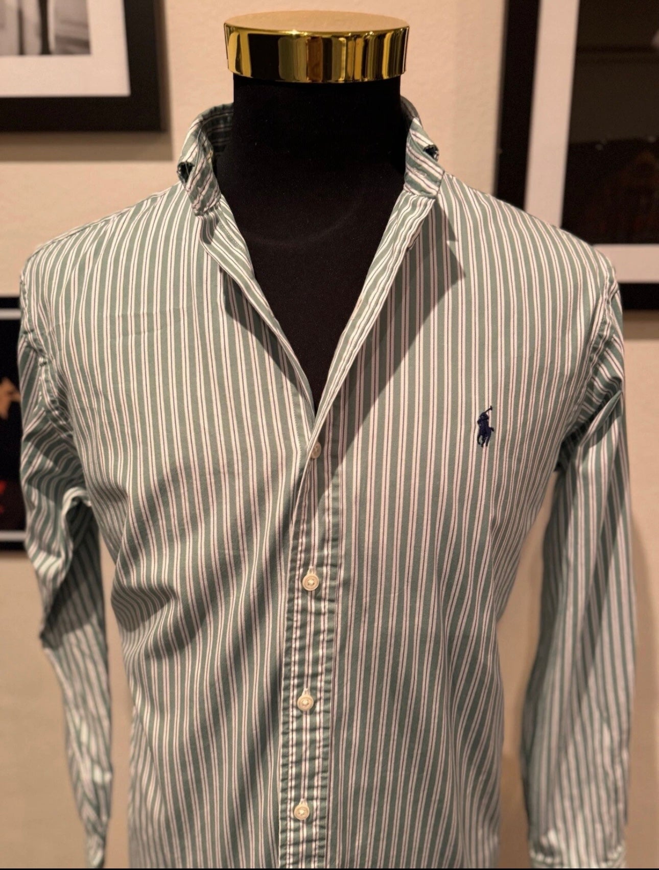 Ralph Lauren 100% Cotton Green White Stripe Shirt Size 16 Large Button Down