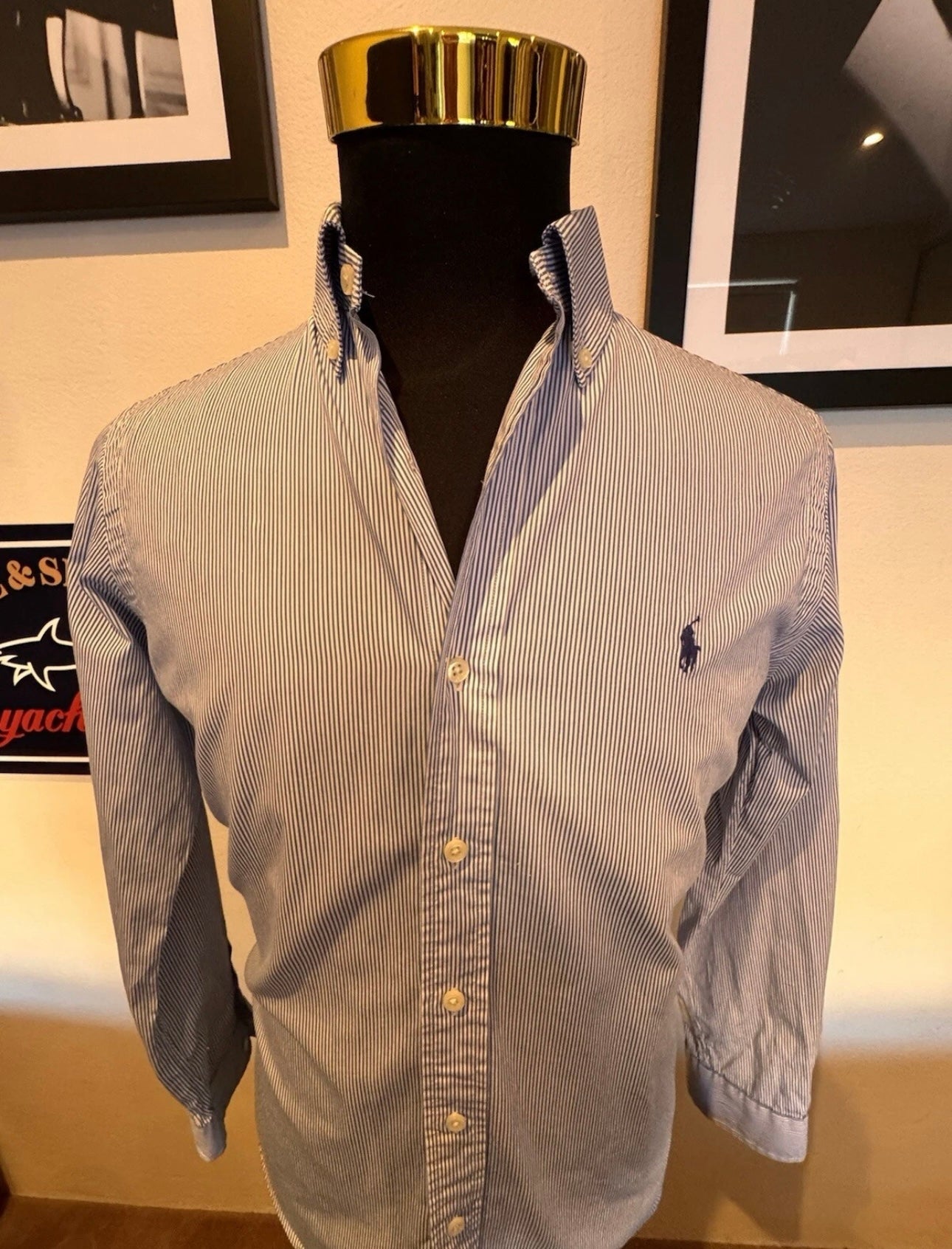 Ralph Lauren 100% Cotton Blue White Striped Slim Fit Shirt Size Small