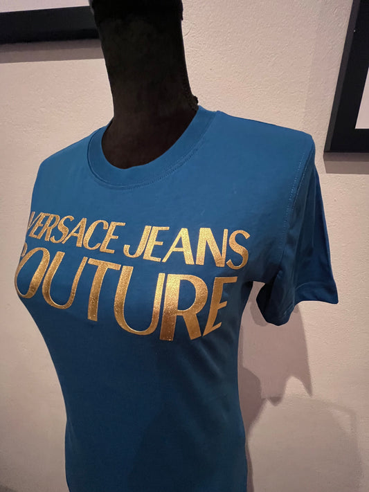 Versace Jeans Couture Women’s 100% Cotton Blue Logo Print T Shirt Size M