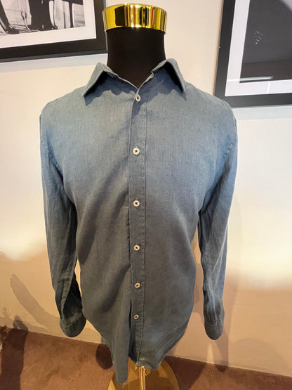 Boss Hugo Boss 100% Cotton Linen Blue Shirt Size Large Slim Fit