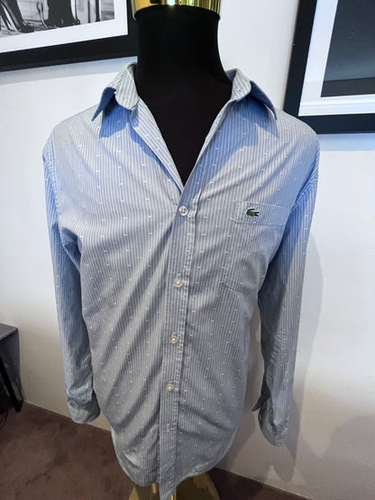 Lacoste 100% Cotton Blue White Stripe Shirt Size L Classic Fit Button Down Collar