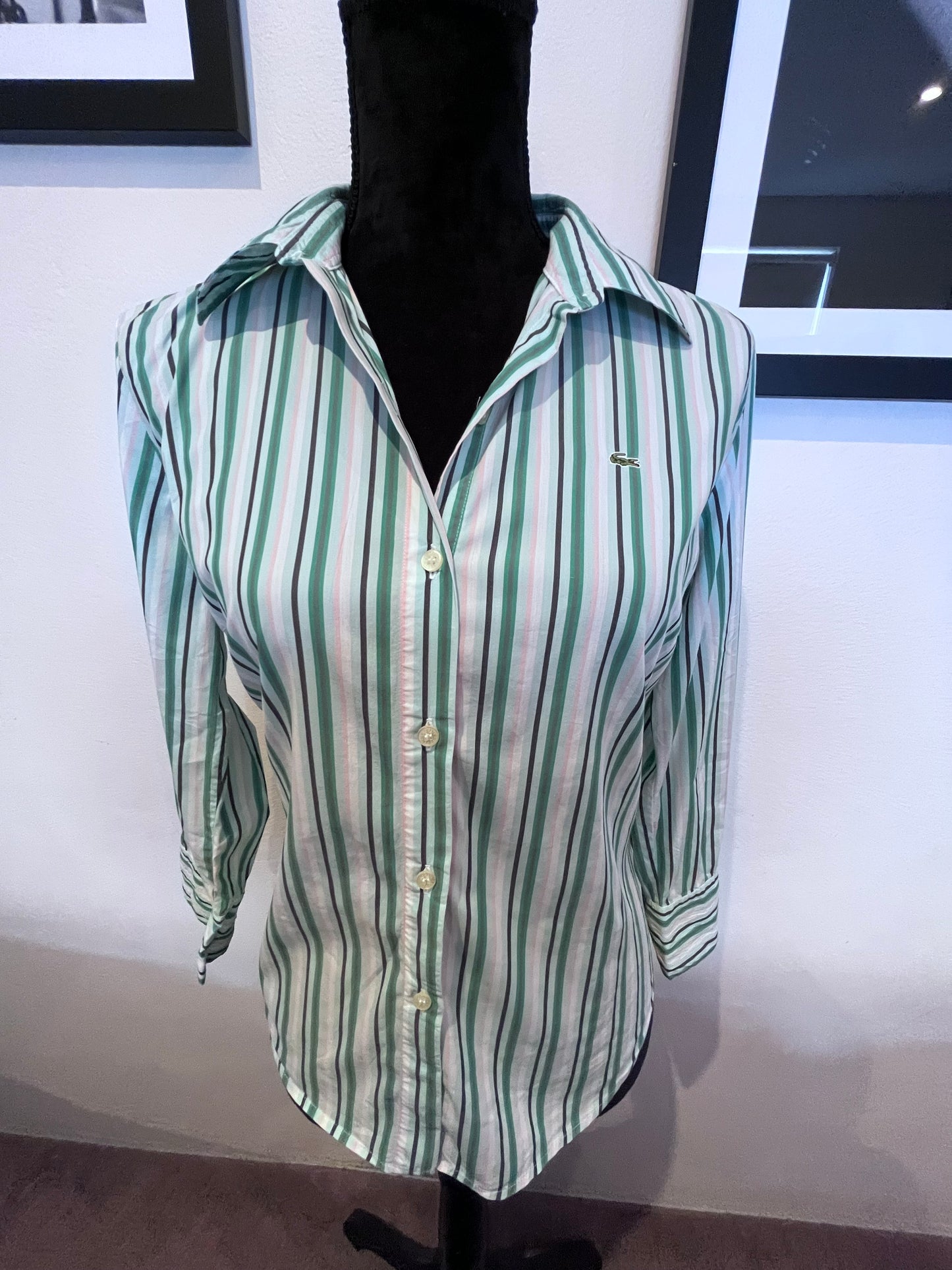 Lacoste 100% Cotton Women’s Pink Green Stripe Shirt Size 40 Small
