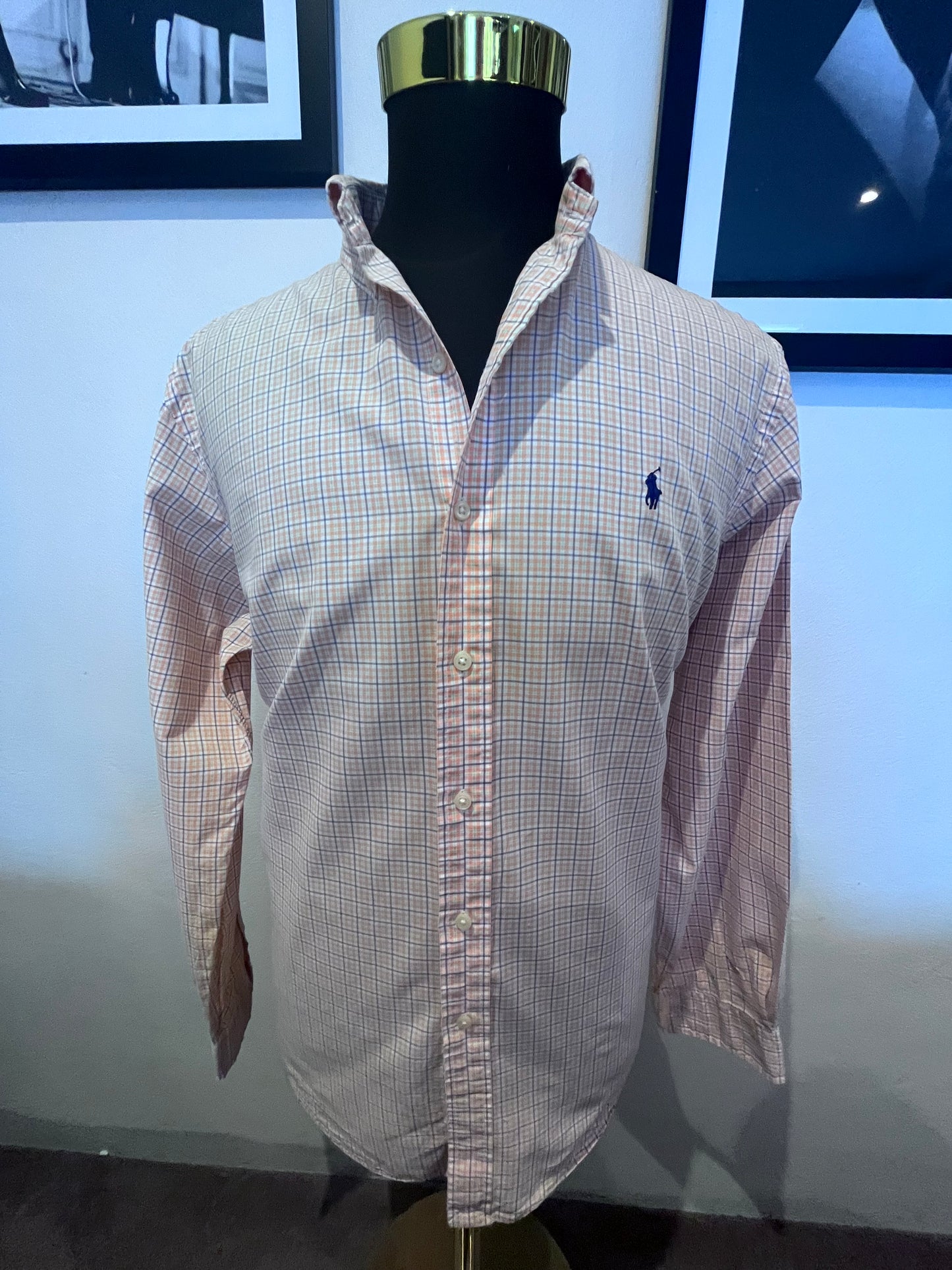 Ralph Lauren 100% Cotton Orange Check Button Down Shirt Size M Custom Fit, 15/32