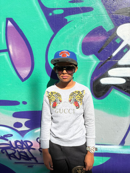 Gucci 100% Cotton Gray Leopard Chest Logo Vintage Sweatshirt Kids Size 6