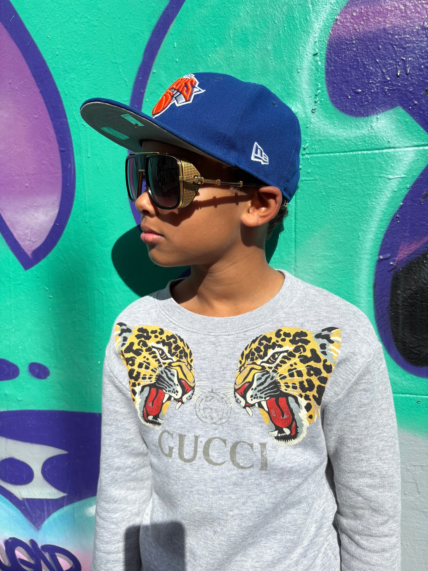 Gucci 100% Cotton Gray Leopard Chest Logo Vintage Sweatshirt Kids Size 6