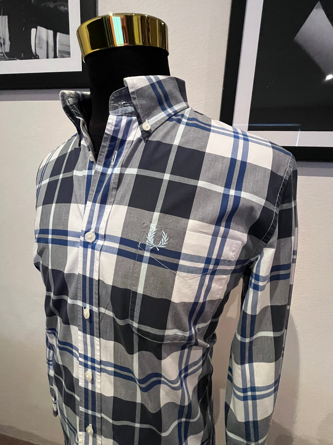 Fred Perry 100% Cotton Blue White Check Button Down Shirt Size Large