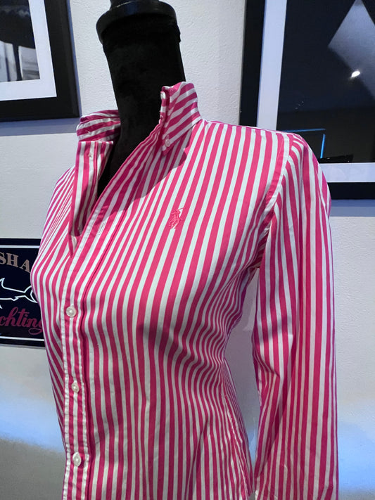 Ralph Lauren Women’s 100% Cotton Pink White Striped Shirt Slim Fit Size 6