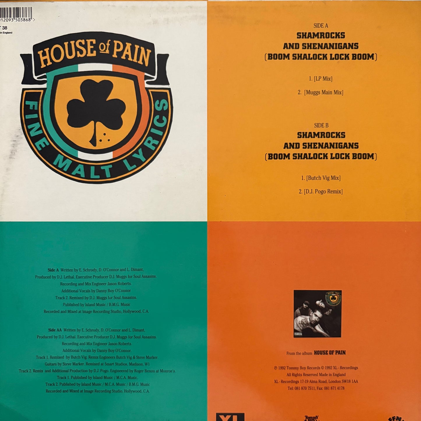 House Of Pain “Shamrocks And Shenanigan” /  “Boom Shalock Lock Boom” 4 Version 12inch vinyl record