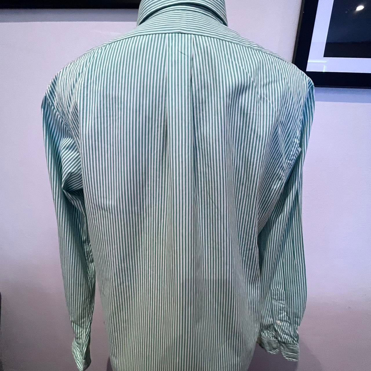 Ralph Lauren 100% Cotton Green Stripe Shirt Size L Custom Fit Button Down Collar