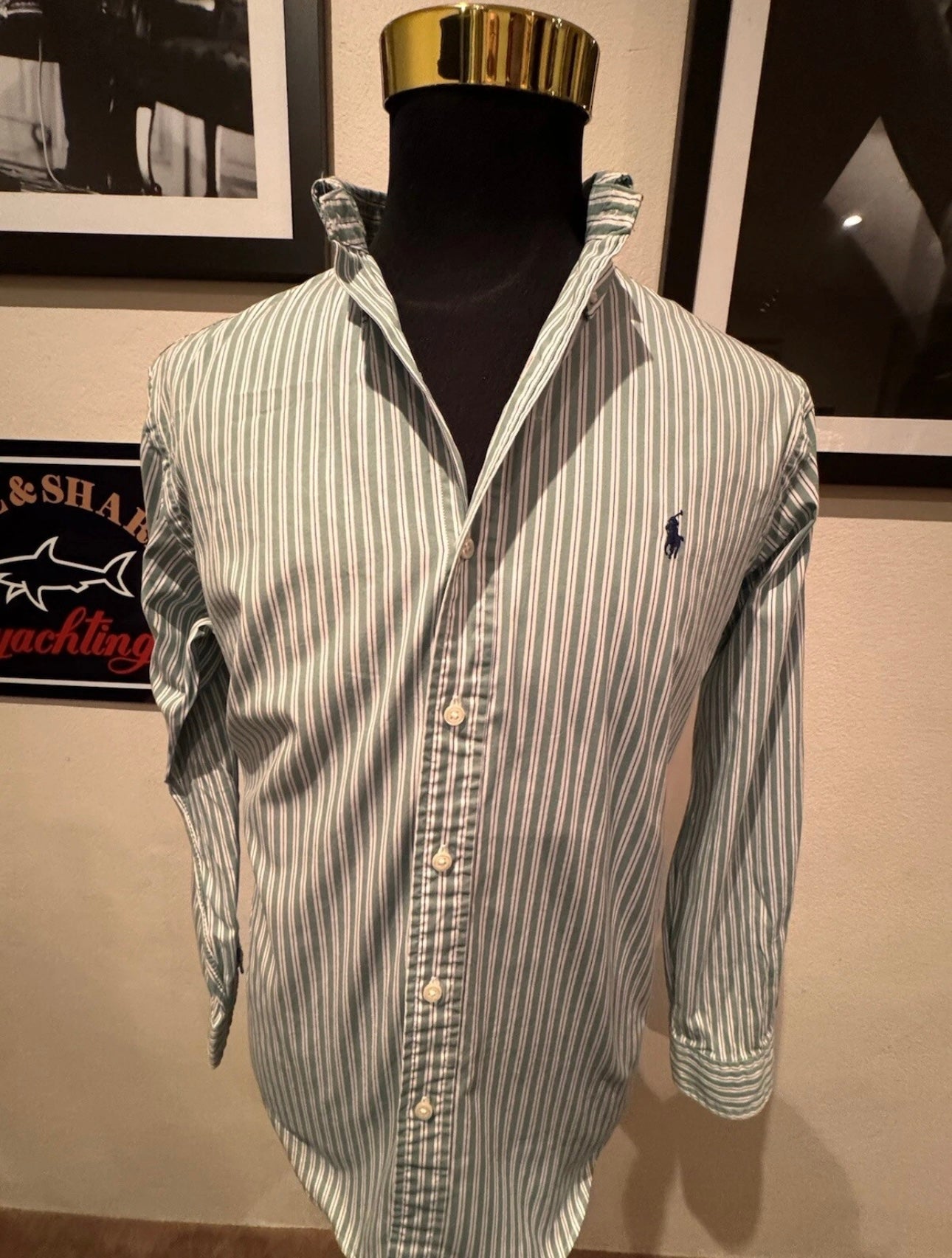 Ralph Lauren 100% Cotton Green White Stripe Shirt Size 16 Large Button Down