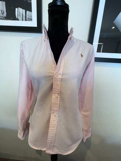 Ralph Lauren Women’s 100% Cotton Pink White Stripe Shirt Slim Fit Size 8