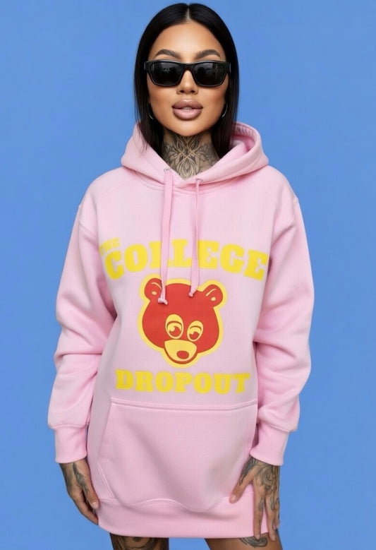 Kanye West 100% Fleece Baby PinkHoodie “The College Drop Out” Chest & Back Logo Print
