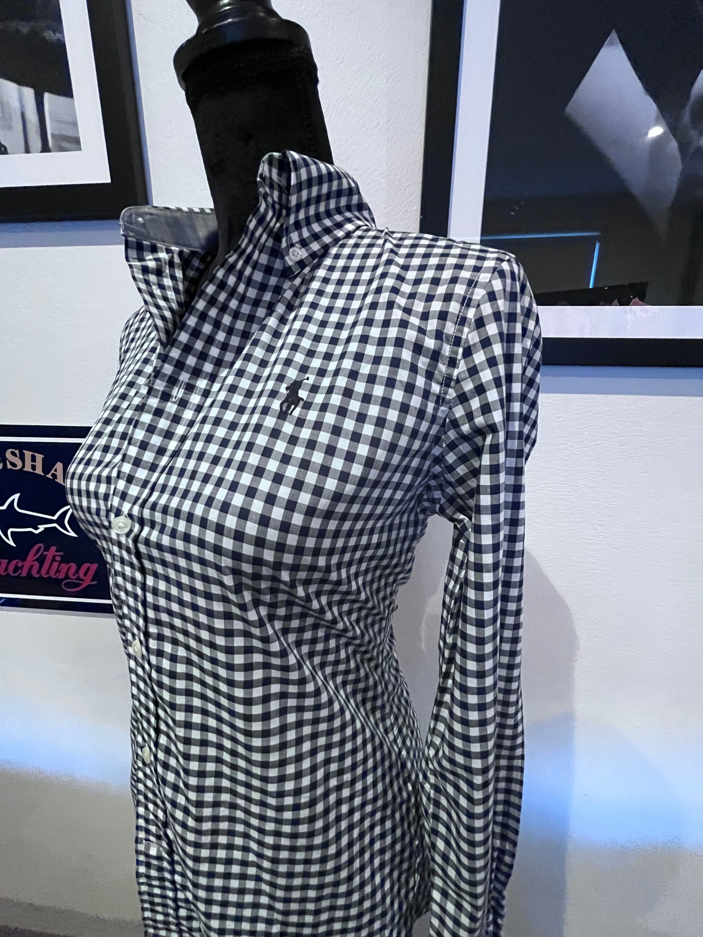 Ralph Lauren 100% Cotton Ladies Navy Gingham Check Shirt Slim Fit Size 6