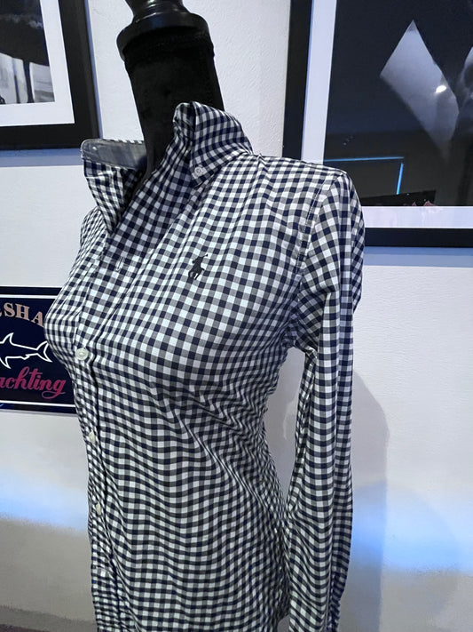 Ralph Lauren 100% Cotton Ladies Navy Gingham Check Shirt Slim Fit Size 6