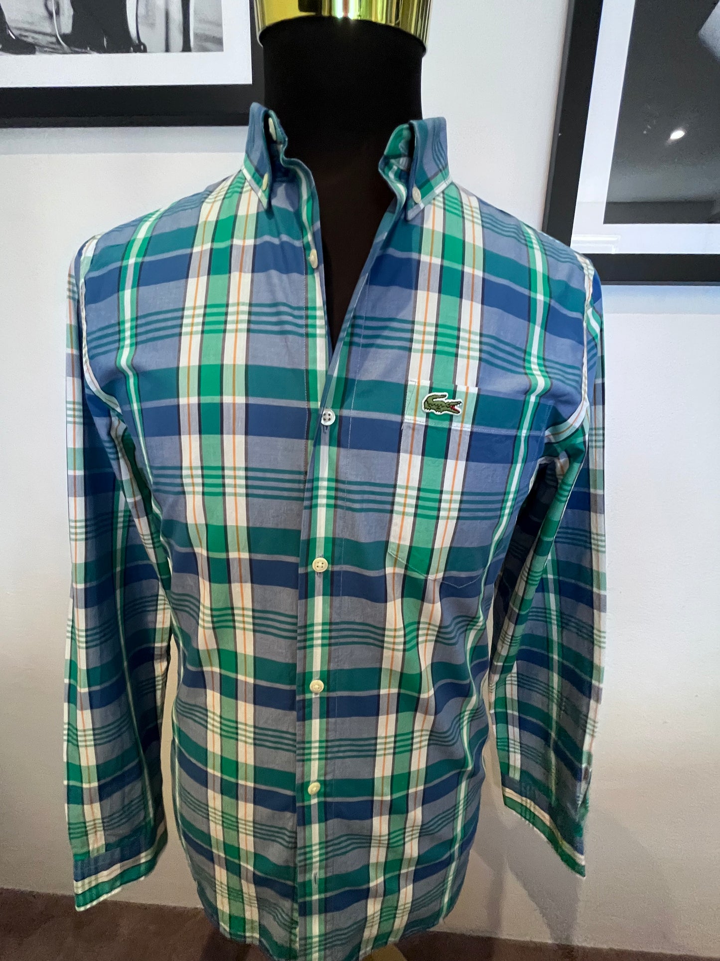 Lacoste 100% Cotton Green Blue Check Shirt Size M Classic Fit Button Down Collar