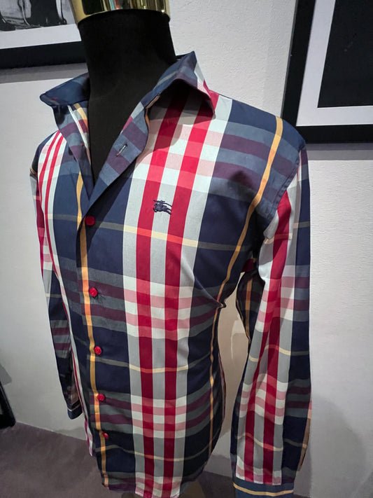 Burberry London 100% Cotton Red Blue Check Shirt Size XL Slim Fit Made in GB fits more like a Large