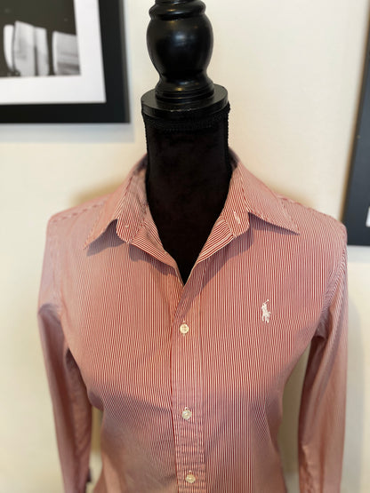Ralph Lauren Women’s 100% Cotton Red White Stripe Shirt Slim Fit Size 8
