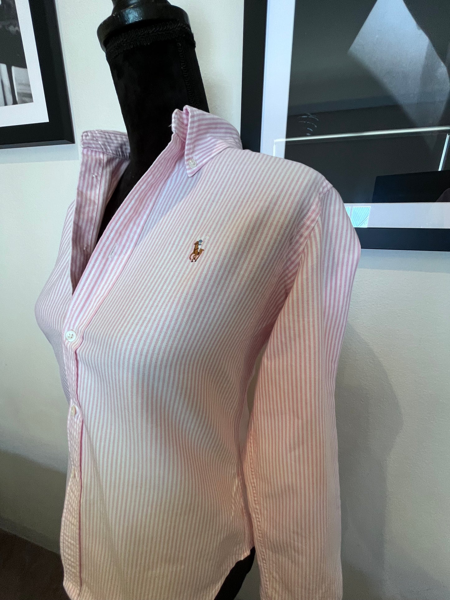 Ralph Lauren Women’s 100% Cotton Pink White Stripe Shirt Slim Fit Size 8