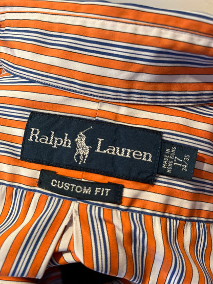 Ralph Lauren 100% Cotton Custom Fit Orange Stripe Shirt Size Large Button Down Collar