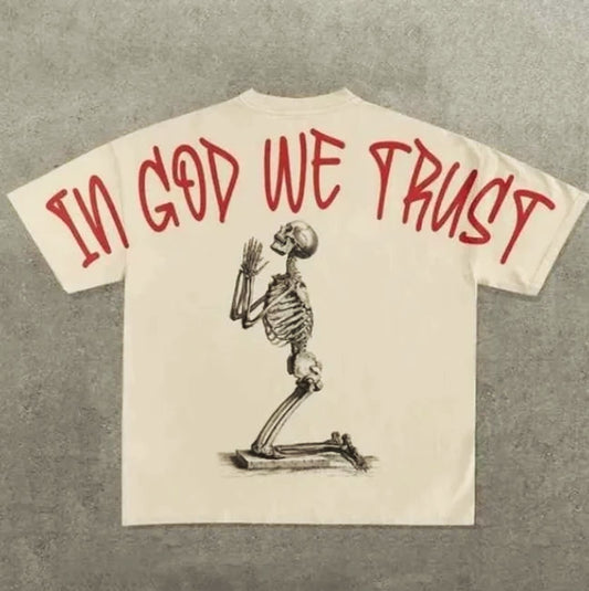 In God We Trust 100% Cotton Men’s Back Logo Cream Harajuku Tokyo Style T Shirt