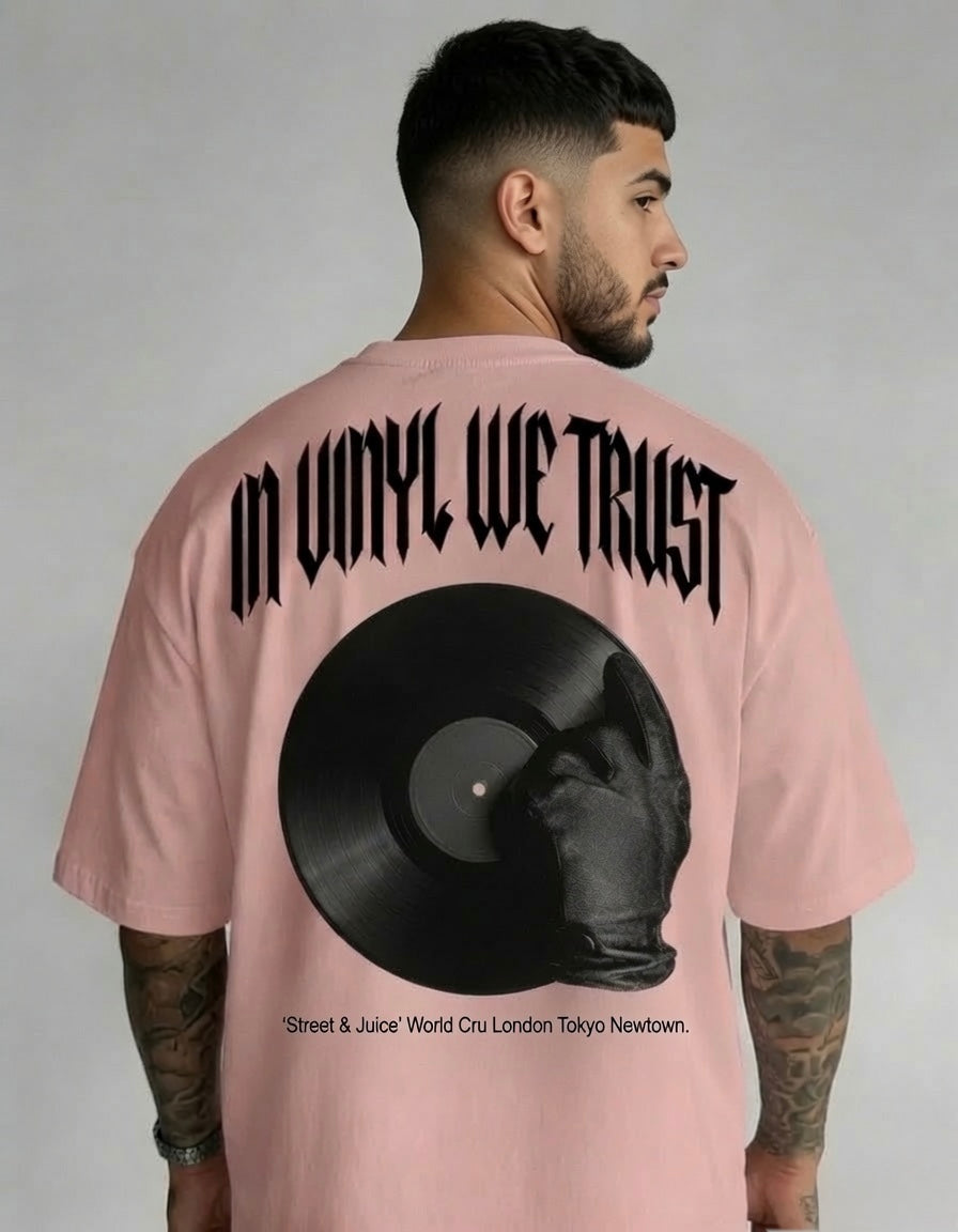 Street & Juice ‘In Vinyl We Trust’ Salmon Graphic T-shirt 100% Heavyweight Cotton