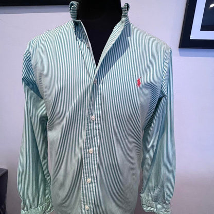 Ralph Lauren 100% Cotton Green Stripe Shirt Size L Custom Fit Button Down Collar