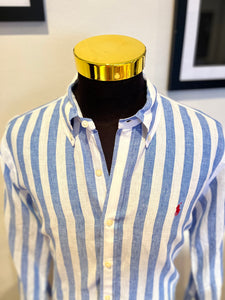 Ralph Lauren Blue / White Stripe 100% Linen Cotton  Size Large Slim Fit