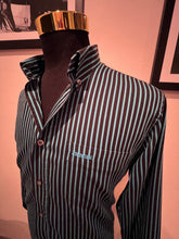 Load image into Gallery viewer, Pringle of Scotland 100% Blue Black Stripe Cotton Shirt Size Large Button Down Collar