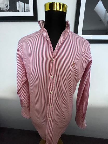 Ralph Lauren 100% Cotton White / Red Strip Shirt Size L Classic Fit, Fits L to XL