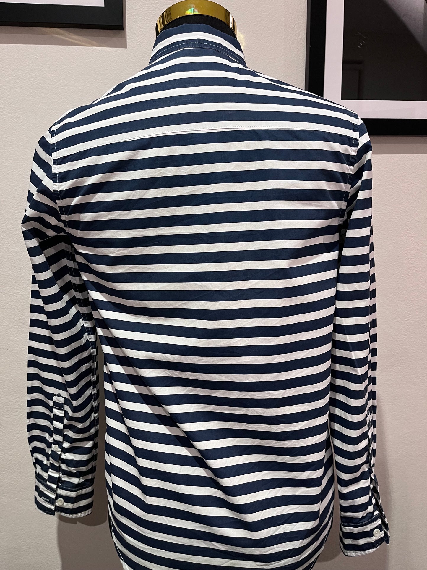The Academy Brand 100% Cotton Blue White Stripe Shirt Size Medium Slim Fit