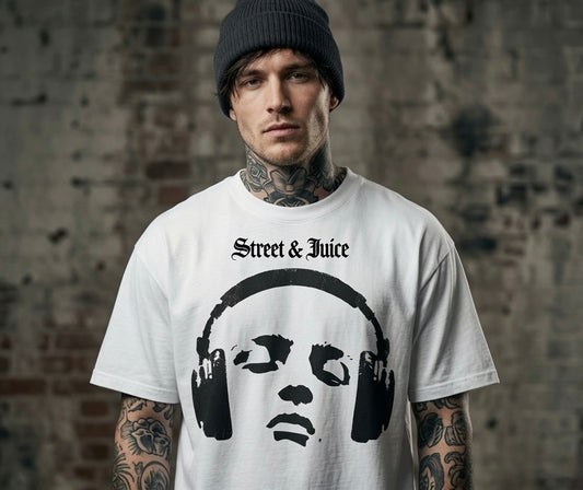 Street &Juice ‘Headphones’ White Graphic T-shirt 100% Heavyweight Cotton